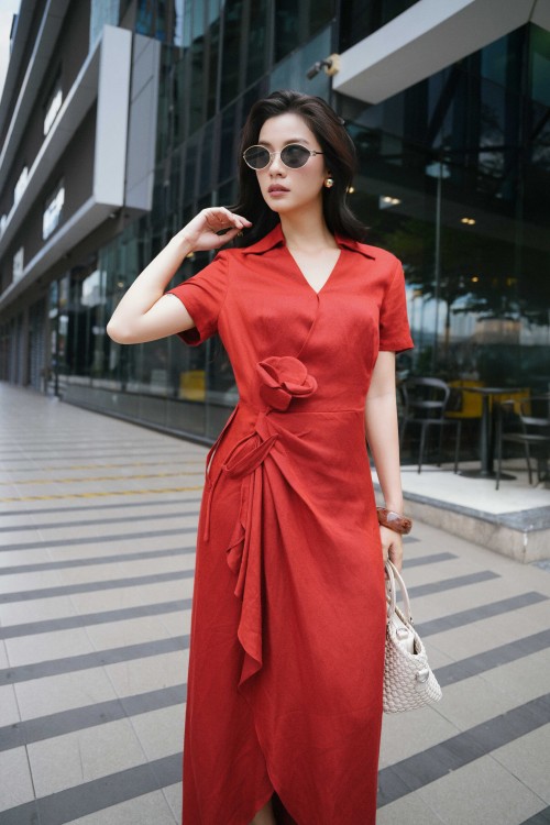 Sixdo Dark Red 3D Flower Linen Sarong Dress